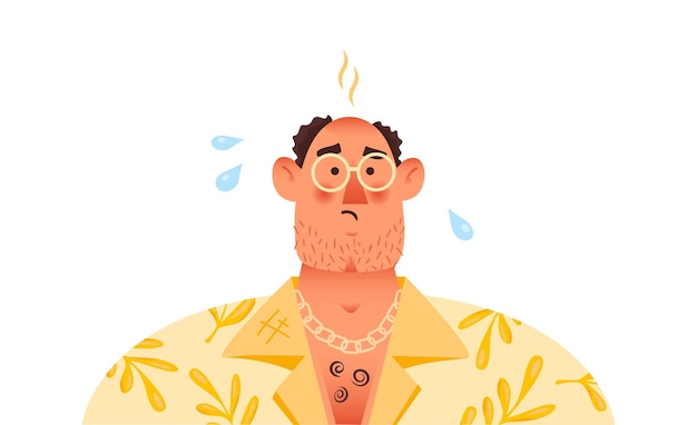 Vecteur homme chauve âgé avec la peau rougeur des coups de soleil après le bronzage sans crème solaire spf chemise hawaïenne