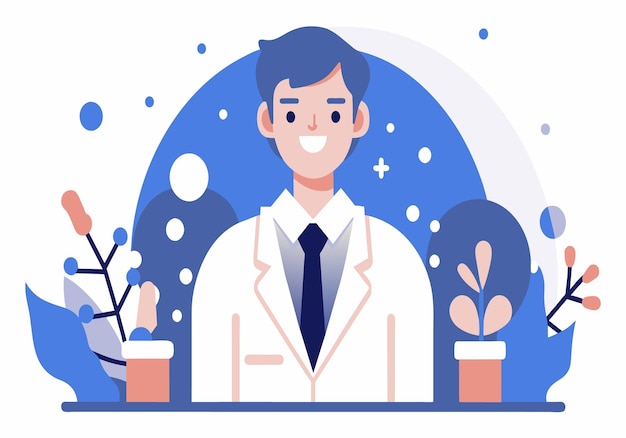Vecteur un homme en chemise de laboratoire blanche et une cravate bleue sourit