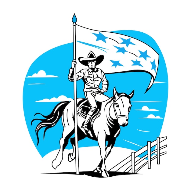 un homme sur un cheval avec un drapeau qui dit " cow-boy "