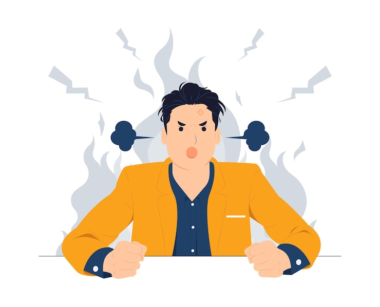 Vecteur homme en colère criant avec une explosion cérébrale a souligné le travail fou bouleversé frustré concept illustration