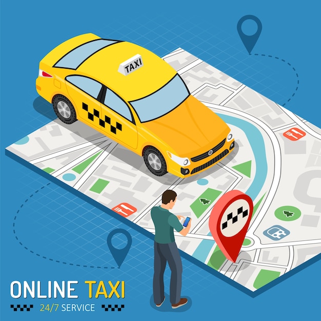 L'homme commande un taxi depuis son smartphone. Concept de service de taxi en ligne 24/7 avec des personnes, une voiture, une carte et une broche d'itinéraire. icônes isométriques.