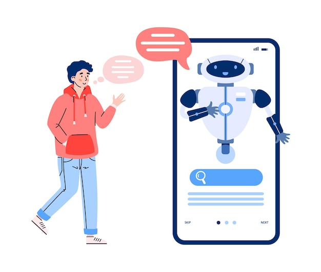 L'homme communique avec le chatbot via l'illustration vectorielle de dessin animé de téléphone isolée