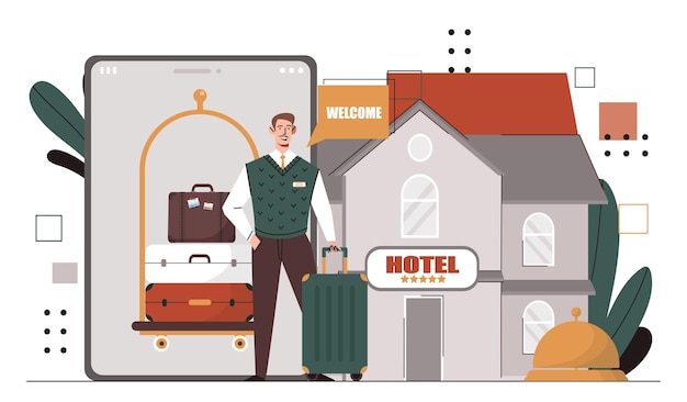 Vecteur homme avec concept d'hôtel jeune homme avec bagages près du bâtiment vacances et vacances voyages et tourisme