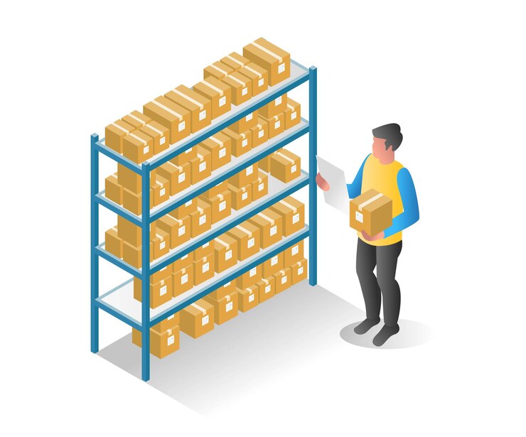Vecteur homme de concept d'illustration isométrique plat vérifiant le stock dans l'entrepôt