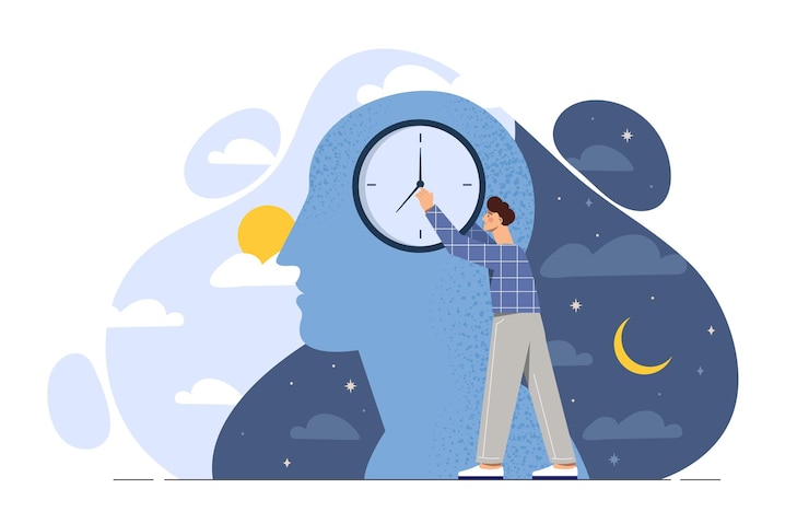 Vecteur homme avec concept de rythme circadien jeune homme avec une montre dans ses mains mode de vie sain et approprié