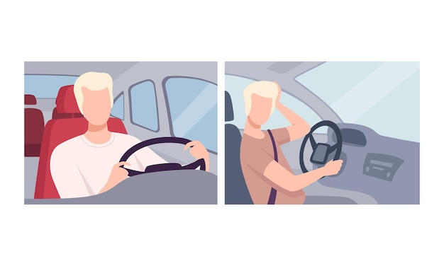 Homme conduisant une voiture assis sur le siège du conducteur d'un véhicule à moteur tenant les mains sur le volant