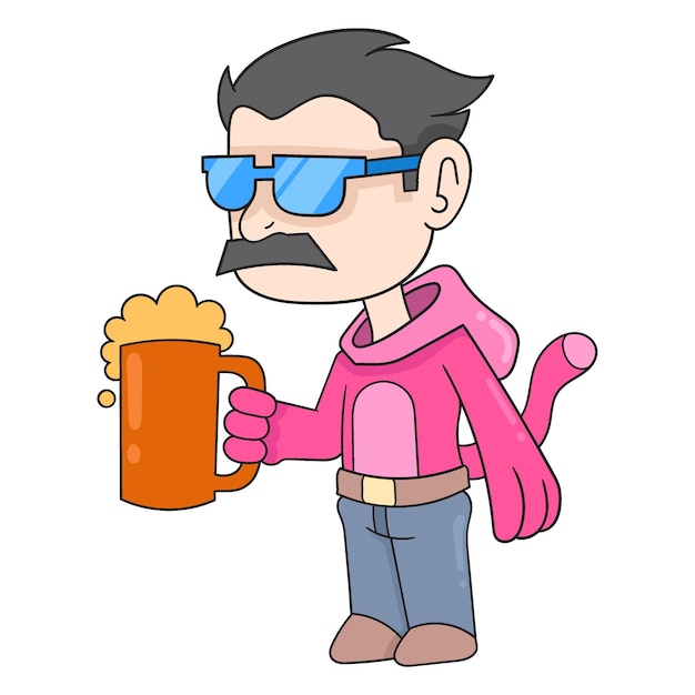 L'homme en costume d'animal apporte un verre de bière doodle icône image kawaii