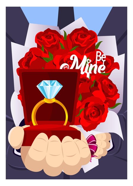 homme en costume propose avec une bague en diamant et apporte un bouquet de roses romantique saint valentin doux moment