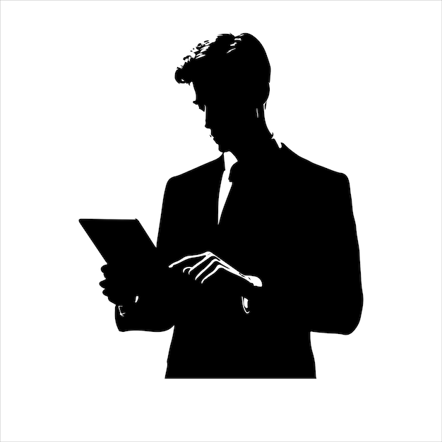 Un Homme En Costume Tient Une Tablette Un Homme D'affaires Se Tient Avec Une Silhouette Vectorielle De Tablette