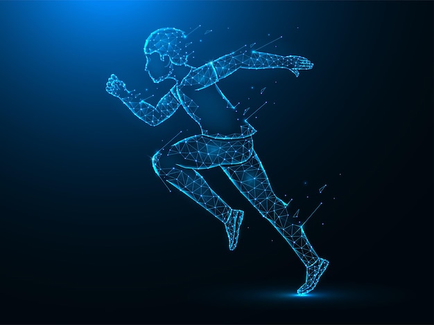 Homme en cours d'exécution avec effet de destruction low poly art. Exercice ou marathon exécuter des illustrations polygonales sur fond bleu.