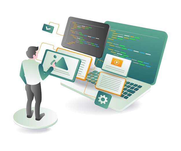 L'homme crée une application avec un langage de programmation