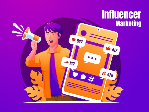 un homme criant avec le concept de marketing d'influence mégaphone et smartphone