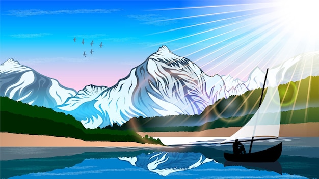 Homme, Dans, Bateau, Sur, Montagnes, Paysage, Fond, Dessin Animé