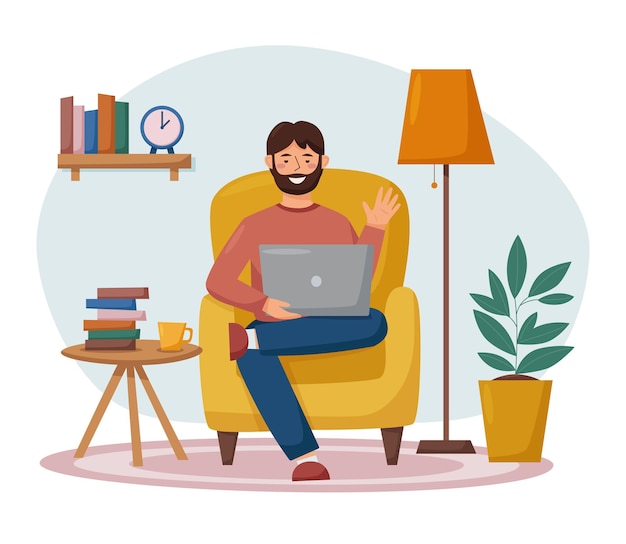 Homme dans le fauteuil avec conversation en ligne sur ordinateur portable