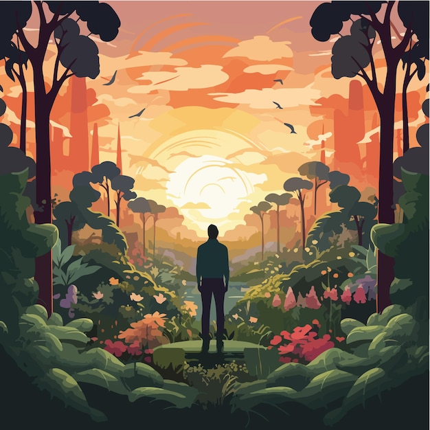 Un homme dans la jungle au coucher du soleil.