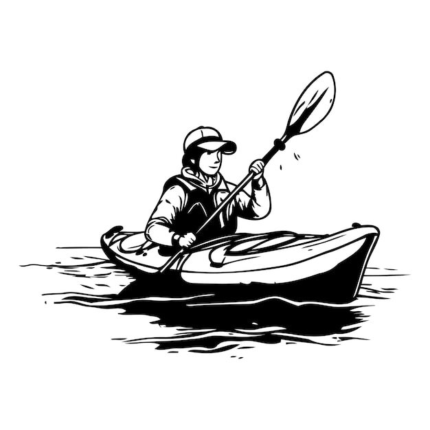 Vecteur homme dans un kayak sur l'eau illustration vectorielle dans le style d'esquisse