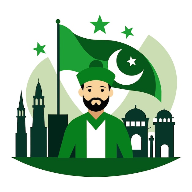 Vecteur un homme dans une robe verte avec un drapeau vert et une ville en arrière-plan