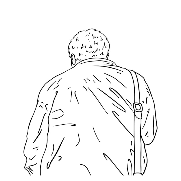 Un Homme Dans Une Veste Avec Un Sac Sur Son épaule Et Des Vêtements De Cheveux Courts Homme Doodle Cartoon Linéaire