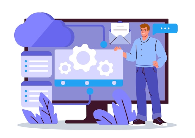Homme debout à côté d'un grand écran affichant l'interface de cloud computing avec des icônes de paramètres e-mail