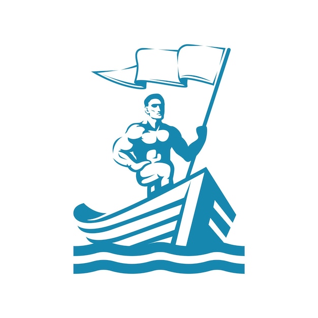 Un Homme Debout Sur Un Navire Tenant Un Drapeau. Illustration Vectorielle Logo