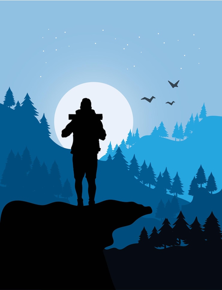 Vecteur un homme debout sur un sommet de montagne regardant le paysage autour de lui vecteur