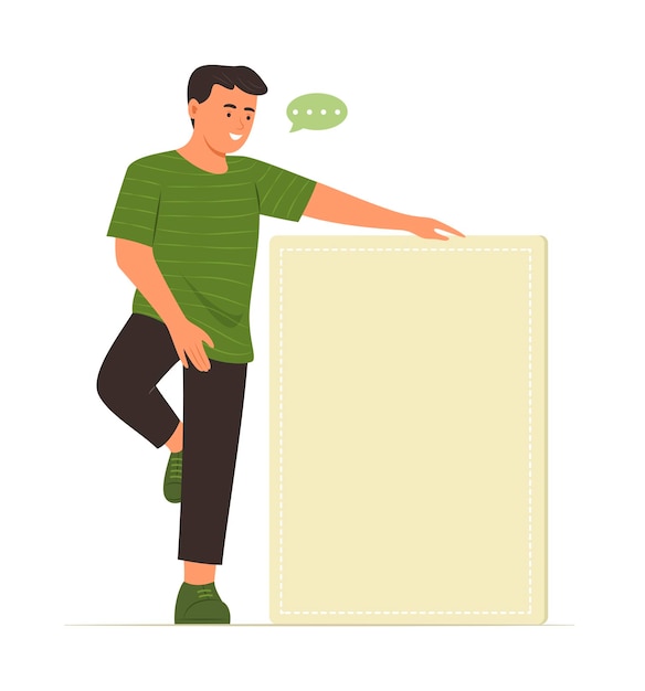 Homme debout et tenant une bannière verticale vierge pour l'illustration du concept d'espace de copie