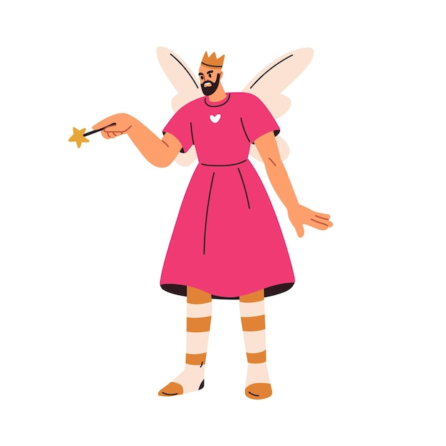 Homme déguisé en costume de fée des dents personnage de princesse masculine dans une drôle de robe d'Halloween avec des ailes et une baguette magique magicien de vacances effrayant illustration vectorielle plate isolée sur fond blanc