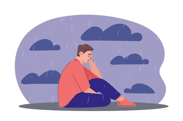 L'homme en dépression Le jeune homme est assis sous la pluie Frustration et dépression Sentiments et émotions négatifs Solitude et chagrin Tristesse Illustration vectorielle plate