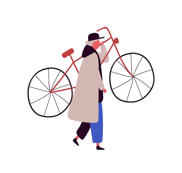 Vecteur homme de dessin animé en casquette et manteau soulevant le vélo isolé sur fond blanc. le personnage masculin coloré porte l'illustration plate de vecteur de bicyclette. personne transportant un véhicule.