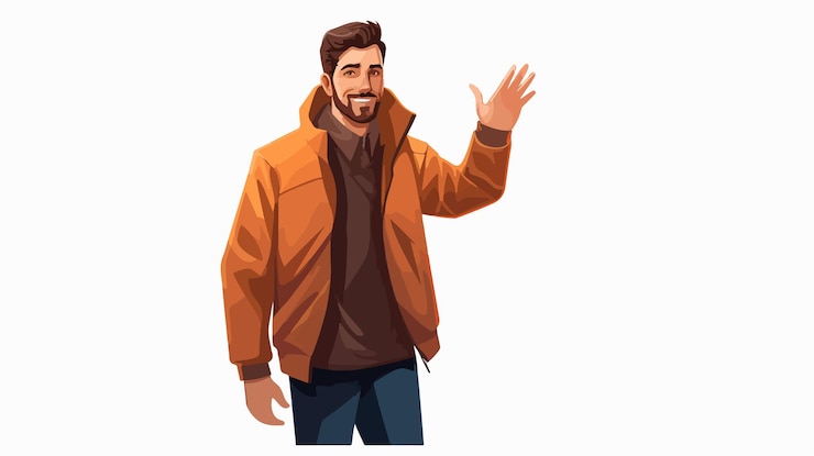 Vecteur homme de dessin animé intelligent dans une veste tendant la main gesture illustration vectorielle