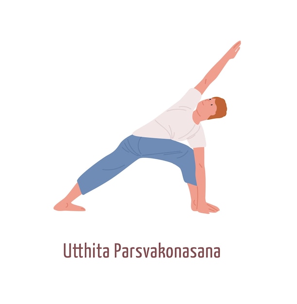 Vecteur homme de dessin animé souriant démontrant utthita parsvakonasana pose illustration vectorielle plate. homme pratiquant la position de yoga à angle étendu isolé sur blanc. personnage coloré montrant l'exercice d'entraînement.