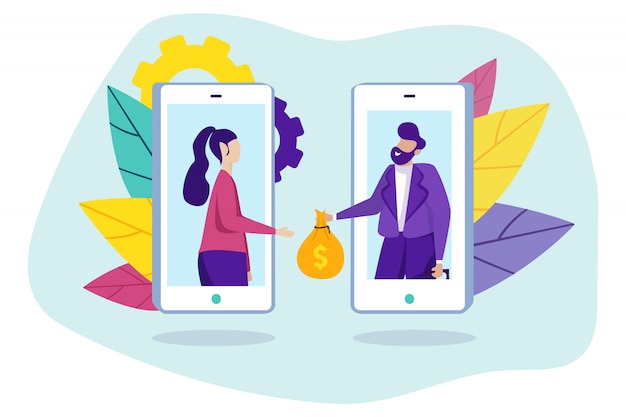 Vecteur homme donner de l'argent et une femme sur l'écran du smartphone.