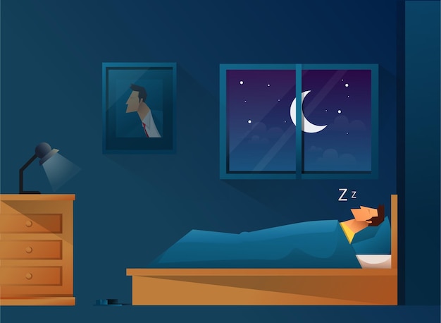 Vecteur l'homme dort la nuit dans son lit. chambre avec une fenêtre la nuit.