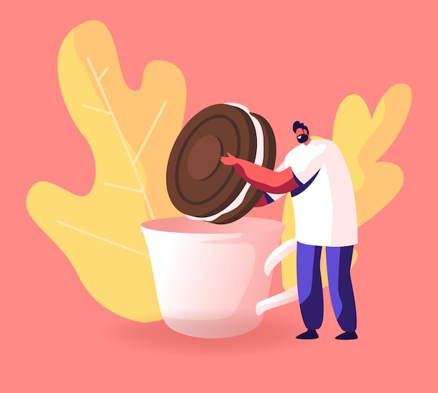 Homme Dunking Cookie Au Chocolat Avec De La Crème à La Tasse Avec Une Boisson Chaude. Illustration Plate De Dessin Animé