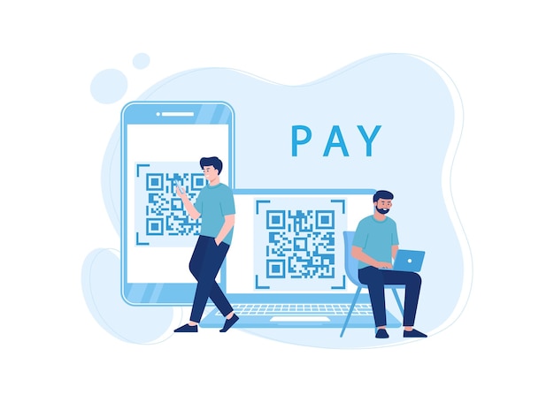 Homme effectuant le paiement en scannant l'illustration plate du concept de code à barres