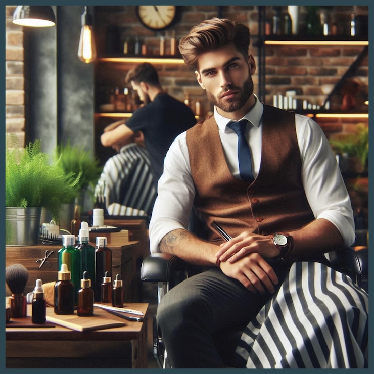 Vecteur un homme élégant assis dans un barbier coupe-cheveux pour hommes poster pour spa décor mural salon de beauté