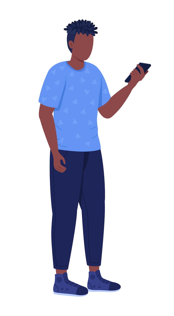 Vecteur homme élégant avec caractère vectoriel de couleur semi-plat pour téléphone portable. personnage debout. personne de tout le corps sur blanc. phubbing illustration de style dessin animé moderne isolé pour la conception graphique et l'animation