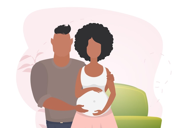 Vecteur un homme embrasse une femme enceinte affiche sur le thème jeune famille attend la naissance d'un enfant grossesse heureuse illustration mignonne dans un style plat