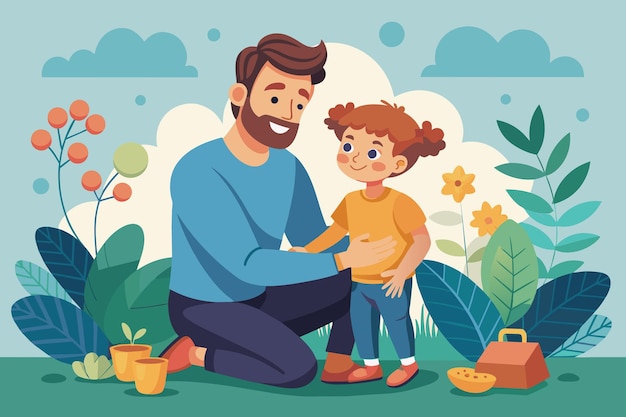 un homme et un enfant dans un jardin avec des plantes et des fleurs