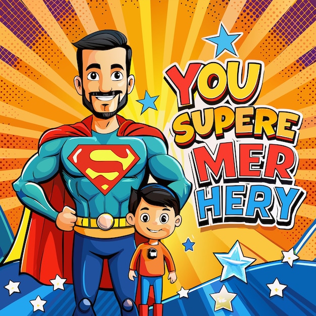 un homme et un enfant se tiennent devant un personnage de dessin animé
