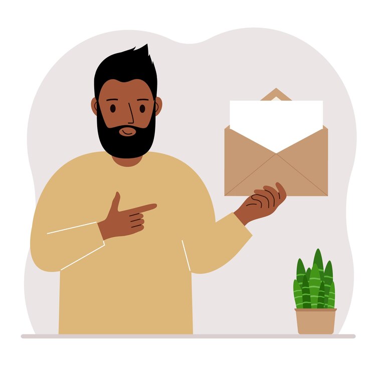 Un homme avec une enveloppe ouverte avec une lettre Feuille de papier vide pour le modèle de texte Concept de courrier Envoi d'une invitation de notification de message