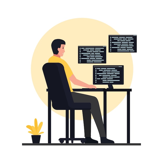 Vecteur l'homme est assis aux bureaux et aux applications de code. illustration de programmation plate.