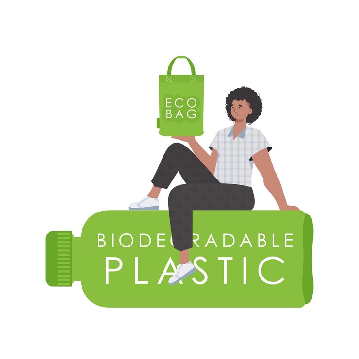Vecteur un homme est assis sur une bouteille en plastique biodégradable et tient un sac eco dans ses mains concept du monde vert et de l'écologie isolé sur fond blanc tendance stylevector illustration