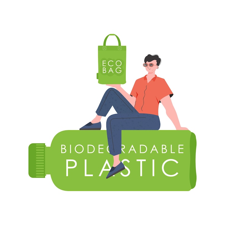 Vecteur un homme est assis sur une bouteille en plastique biodégradable et tient un sac eco dans ses mains le concept d'écologie et de soin de l'environnement illustration de stylevector de tendance isolée