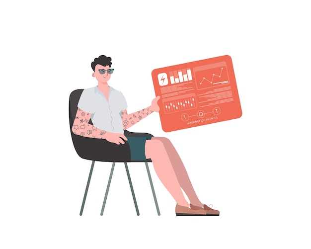 Un homme est assis sur une chaise et tient un panneau avec des analyseurs et des indicateurs dans ses mains Internet des objets et concept d'automatisation Illustration vectorielle isolée dans un style plat branché