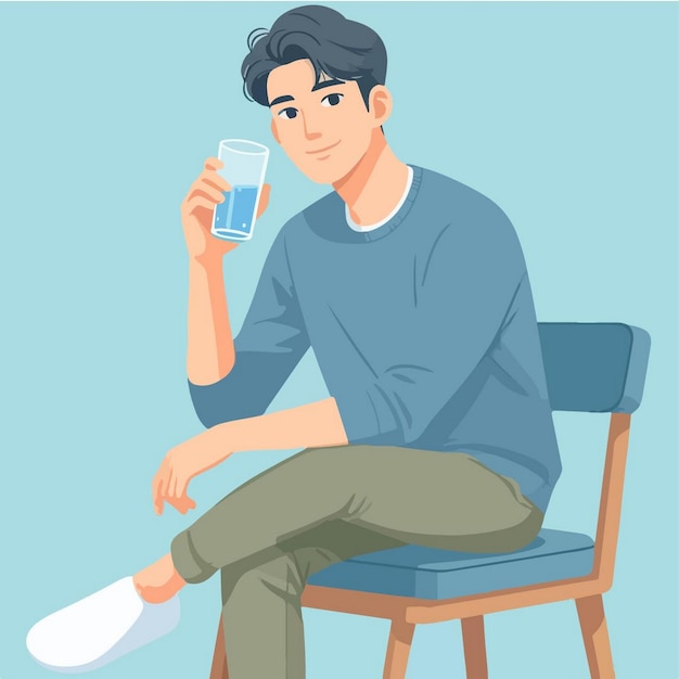 un homme est assis sur une chaise avec un verre d'eau