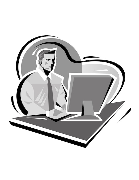 Vecteur un homme est assis devant un ordinateur au bureau et travaille illustration vectorielle en style cartoon plat