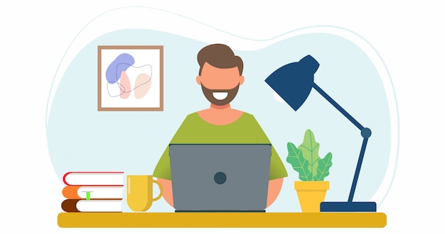 L'homme est assis avec un ordinateur portable sur le canapé à la maison. Travailler sur un ordinateur. Concept de design plat de travail à domicile