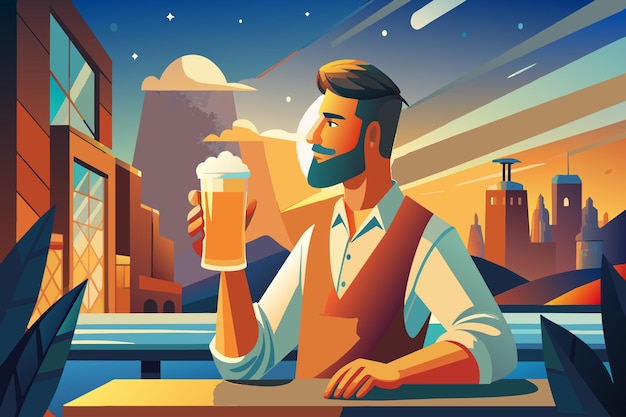 Vecteur un homme est assis à une table avec une bière à la main