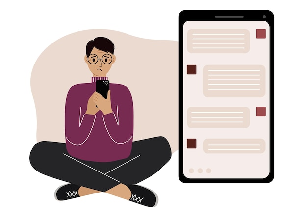 Un homme est assis et tient un téléphone La correspondance est visible sur l'écran Concept de chat service SMS support technique